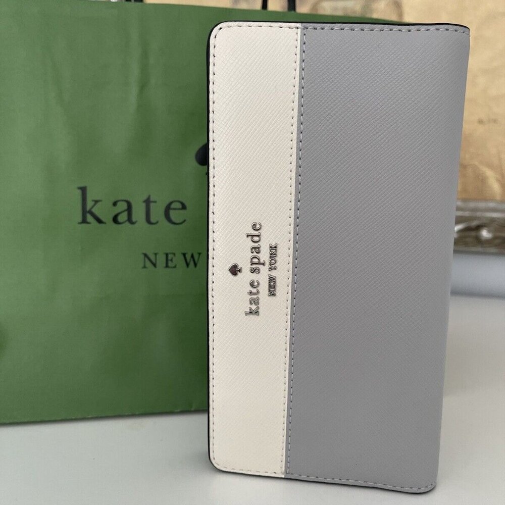 NWT KATE SPADE Leather Madison Large Slim Bifold Wallet In Platinum Grey Multi